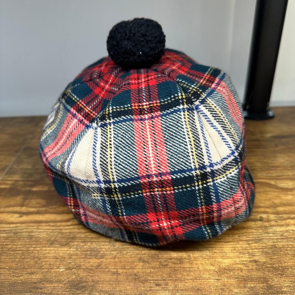 Harrods London Pure New Wool Tartan Plaid Tam O Shanter Hat Pom Pom Made in UK